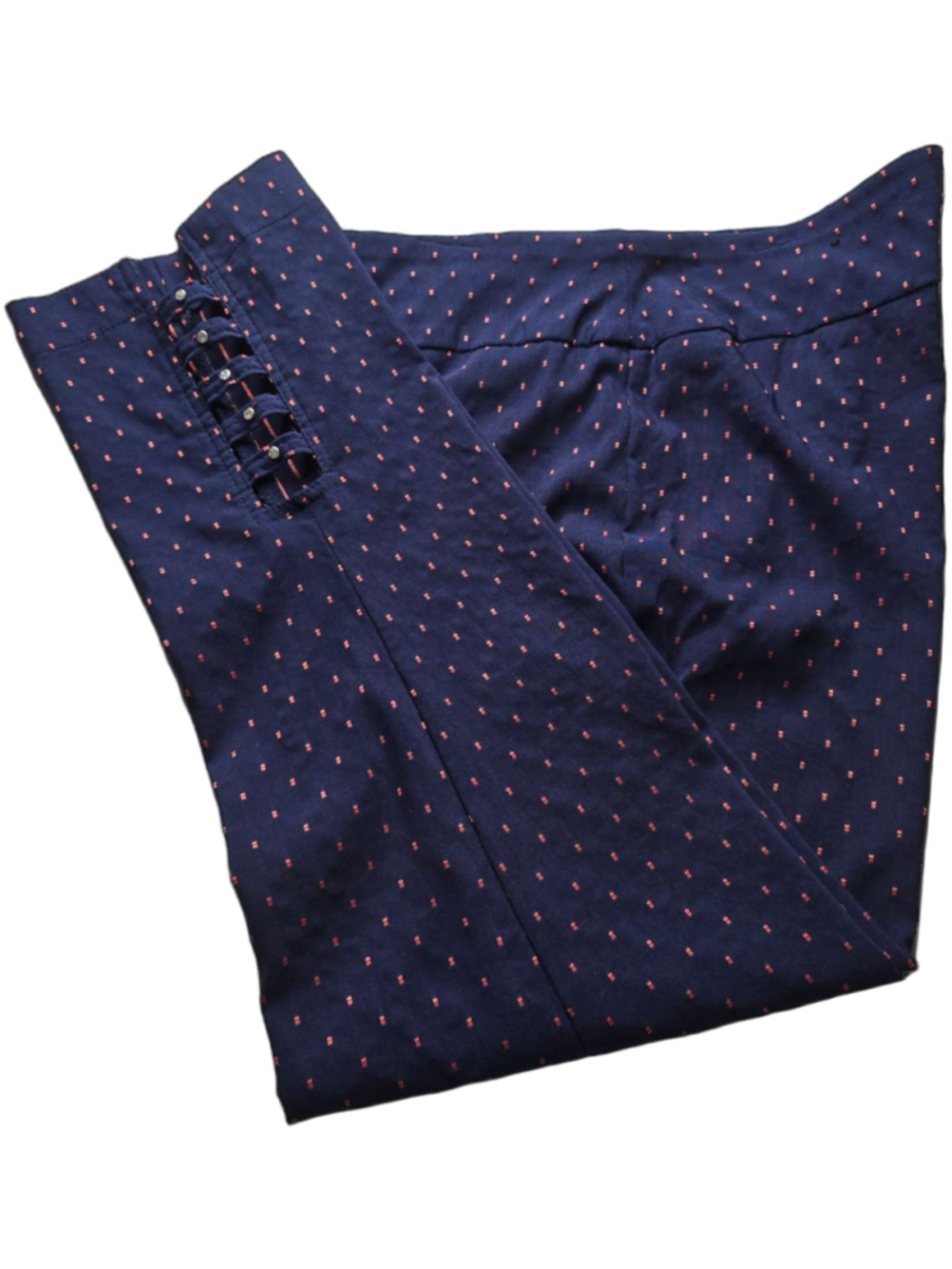 ATTYRE New York Lattice Hem Ankle Pants Womens 10 Navy Red Dot Stretch Pull On